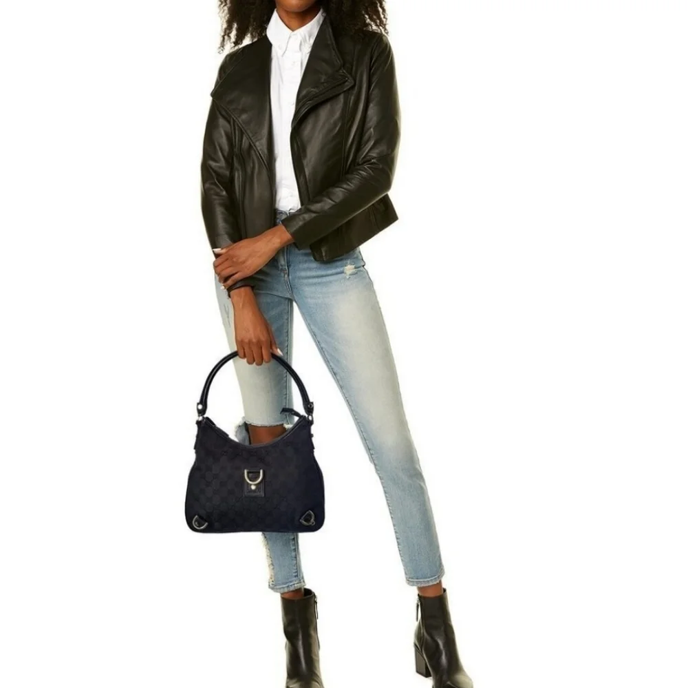 💝 GUCCI GG Abbey Canvas Medium D-Ring Hobo shoulder Bag- Black.
